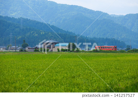 A local Kiha train runs through a rural area of lush green fields. A local Kiha train runs through a rural area of lush green fields. 141257527