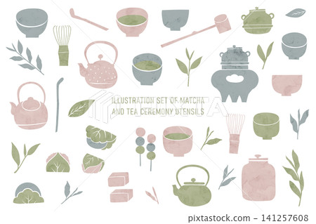 Watercolor-style illustration set of matcha and tea ceremony utensils: Traditional Japanese cultural materials Watercolor-style illustration set of matcha and tea ceremony utensils: Traditional Japanese cultural materials 141257608