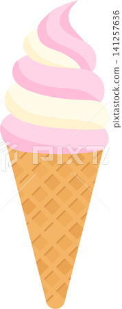 Strawberry & Vanilla Mixed Soft Serve Ice Cream | Vector Illustration of an Ice Cream Cone 141257636