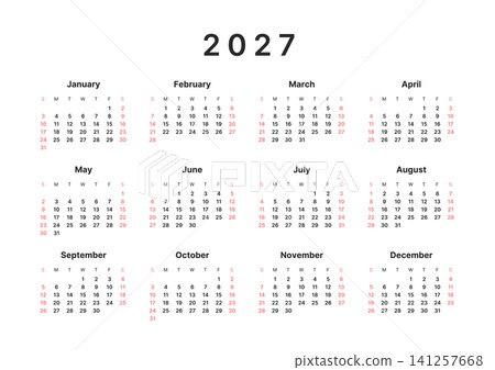 Annual calendar template, one page, Sunday start. Annual calendar template, one page, Sunday start. 141257668