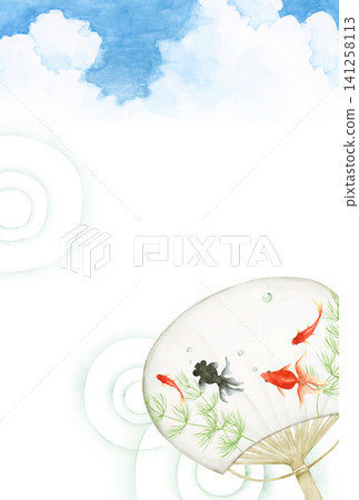 夏日問候明信片:金魚扇,水彩插圖 夏日問候明信片:金魚扇,水彩插圖 141258113