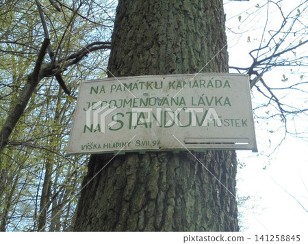 Memorial name sign made of metal hanging on a tree Memorial name sign made of metal hanging on a tree 141258845