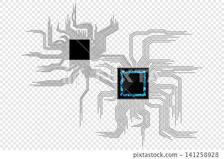 AI chip with circuit contact lines. Artificial intelligence circuit line. AI processor. Semiconductor on a board. Machine learning design AI chip with circuit contact lines. Artificial intelligence circuit line. AI processor. Semiconductor on a board. Machine learning design 141258928
