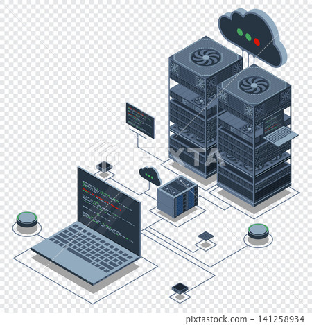 Cyber data security. Internet security isometric concept. Server room connected with laptop through protected hub. Computing internet digital technology. Isometric technology Cyber data security. Internet security isometric concept. Server room connected with laptop through protected hub. Computing internet digital technology. Isometric technology 141258934