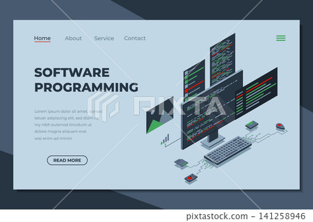 Software programming isometric landing page. Programming languages interface on computer screen. Programmer coding. Isometric technology Software programming isometric landing page. Programming languages interface on computer screen. Programmer coding. Isometric technology 141258946