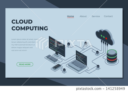 Cloud computing isometric landing page. Cloud storage server. Cloud computing online database technology. Isometric technology Cloud computing isometric landing page. Cloud storage server. Cloud computing online database technology. Isometric technology 141258949