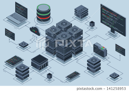 Computation of big data center. Cloud computing. Online devices upload and download information. Isometric technology Computation of big data center. Cloud computing. Online devices upload and download information. Isometric technology 141258953