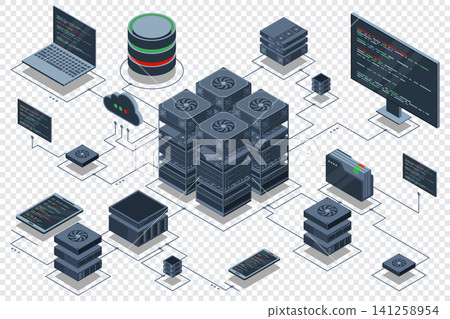 Computation of big data center. Cloud computing. Online devices upload and download information. Isometric technology 141258954