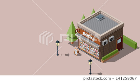 Isometric bookshop. Bookstore. Isometric vector bookshop building. Isometric exterior of bookshop. Isometric of street shop building Isometric bookshop. Bookstore. Isometric vector bookshop building. Isometric exterior of bookshop. Isometric of street shop building 141259067
