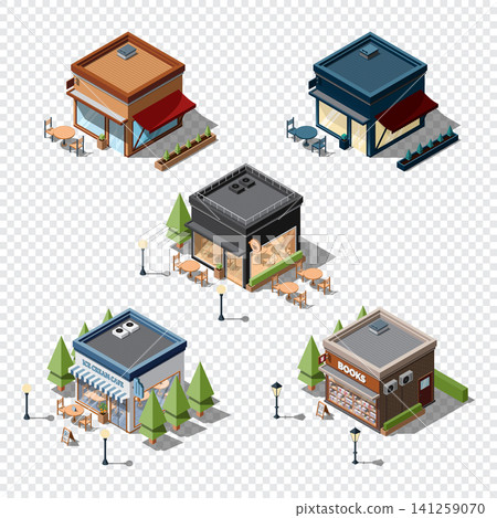Isometric cafes, shop and bookshop. Vector isometric buildings set. City architecture set. 3D illustration of shops. 3D buildings. Vector illustration Isometric cafes, shop and bookshop. Vector isometric buildings set. City architecture set. 3D illustration of shops. 3D buildings. Vector illustration 141259070