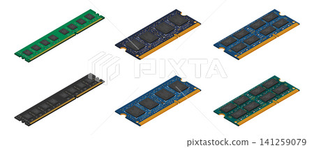 Set of isometric random access memory. RAM memory. Data storage technology. Computer hardware components. Vector illustration 141259079