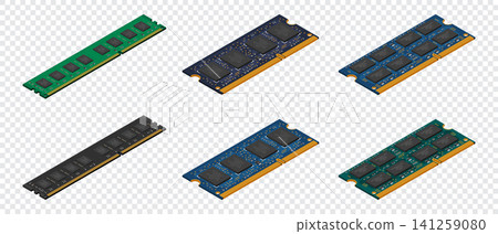 Set of isometric random access memory. RAM memory. Data storage technology. Computer hardware components. Vector illustration 141259080