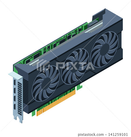 3D isometric video graphic card. Video graphics card for cryptocurrency mining or gaming. GPU graphic card illustration. Personal computer hardware components 3D isometric video graphic card. Video graphics card for cryptocurrency mining or gaming. GPU graphic card illustration. Personal computer hardware components 141259101