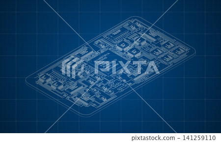Isometric electronic board blueprint. Isometric printed circuit board with electronic components. Electronic components and integrated circuit board Isometric electronic board blueprint. Isometric printed circuit board with electronic components. Electronic components and integrated circuit board 141259110