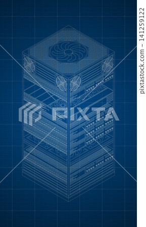 Isometric server blueprint. Network technology and hosting server equipment. Computer network technology. Cloud database station. Data storage Isometric server blueprint. Network technology and hosting server equipment. Computer network technology. Cloud database station. Data storage 141259122