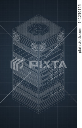 Isometric server blueprint. Network technology and hosting server equipment. Computer network technology. Cloud database station. Data storage Isometric server blueprint. Network technology and hosting server equipment. Computer network technology. Cloud database station. Data storage 141259123