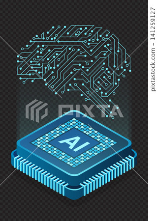 Isometric artificial intelligence chip. Isometric machine learning. Futuristic microchip processor. AI chip. Data processing. Neural computing. Brain technology Isometric artificial intelligence chip. Isometric machine learning. Futuristic microchip processor. AI chip. Data processing. Neural computing. Brain technology 141259127