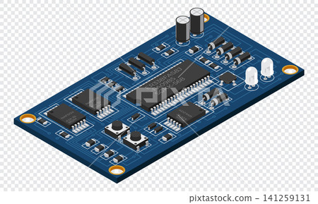 Isometric electronic board. Isometric printed circuit board with electronic components. Electronic components and integrated circuit board Isometric electronic board. Isometric printed circuit board with electronic components. Electronic components and integrated circuit board 141259131