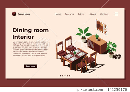 Isometric dining room landing page. Dining room interior. Dining room banner. Dining room concept for website template or landing homepage Isometric dining room landing page. Dining room interior. Dining room banner. Dining room concept for website template or landing homepage 141259176