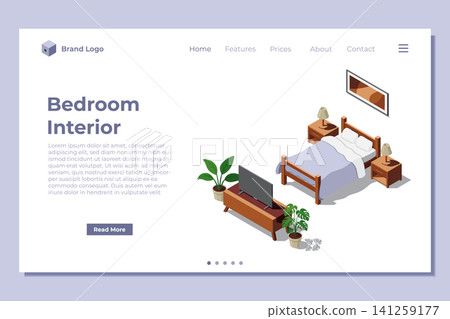 Isometric bedroom landing page. Bedroom interior. Bedroom banner. Bedroom concept for website template or landing homepage Isometric bedroom landing page. Bedroom interior. Bedroom banner. Bedroom concept for website template or landing homepage 141259177