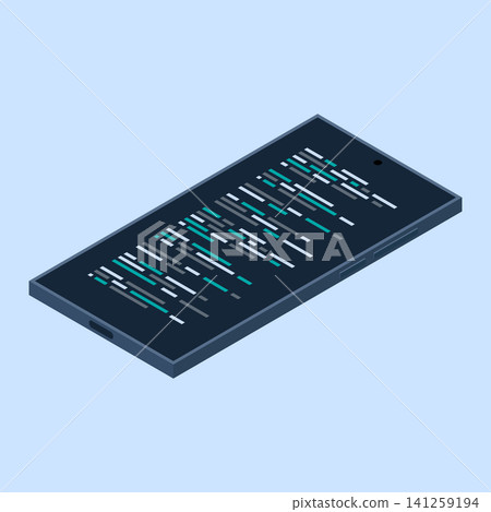 Isometric smartphone. Program code on smartphone screen. Isometric technology. Vector illustration Isometric smartphone. Program code on smartphone screen. Isometric technology. Vector illustration 141259194