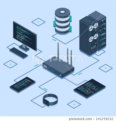 Isometric network router. Isometric network concept with router, computer, smartphone, and server connection. Isometric technology Isometric network router. Isometric network concept with router, computer, smartphone, and server connection. Isometric technology 141259232