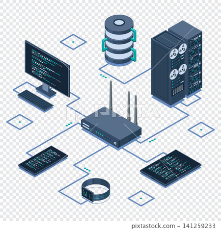 Isometric network router. Isometric network concept with router, computer, smartphone, and server connection. Isometric technology Isometric network router. Isometric network concept with router, computer, smartphone, and server connection. Isometric technology 141259233