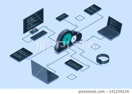Isometric cloud technology computing. Isometric network with computer, laptop, tablet, and smartphone. Isometric technology Isometric cloud technology computing. Isometric network with computer, laptop, tablet, and smartphone. Isometric technology 141259234
