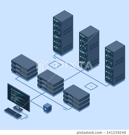 Isometric monitoring big data storage. Data transmission technology. Online hosting technology concept. Isometric technology Isometric monitoring big data storage. Data transmission technology. Online hosting technology concept. Isometric technology 141259248