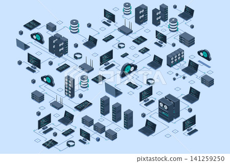Isometric data network management. Cloud storage data and synchronization of devices. Networking, database, cloud storage. Isometric technology Isometric data network management. Cloud storage data and synchronization of devices. Networking, database, cloud storage. Isometric technology 141259250