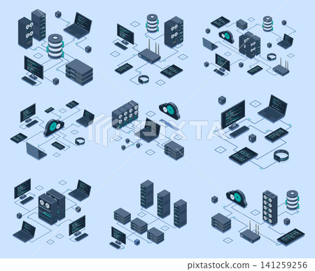 Set of isometric modern technology concept for cloud computing, datacenter, database, artificial intelligence, and blockchain technology. Isometric technology Set of isometric modern technology concept for cloud computing, datacenter, database, artificial intelligence, and blockchain technology. Isometric technology 141259256