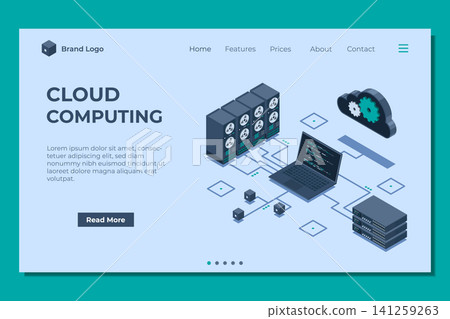 Isometric cloud technology computing landing page. Cloud storage. Isometric network with computer, laptop, and server. Isometric technology 141259263