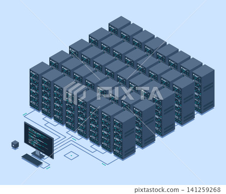 Isometric monitoring big data storage. Data transmission technology. Online hosting technology concept. Isometric technology Isometric monitoring big data storage. Data transmission technology. Online hosting technology concept. Isometric technology 141259268
