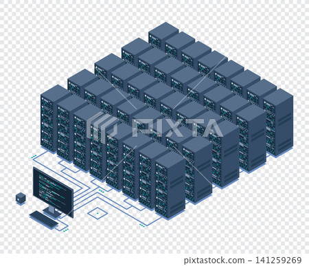 Isometric monitoring big data storage. Data transmission technology. Online hosting technology concept. Isometric technology 141259269