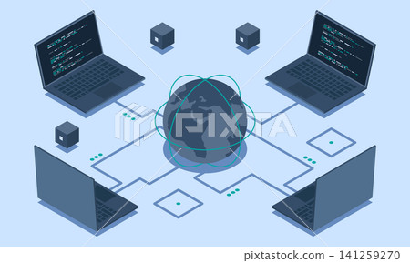 Isometric laptop connected with globe. Global communication internet network. Storage and communication technology. Isometric technology Isometric laptop connected with globe. Global communication internet network. Storage and communication technology. Isometric technology 141259270