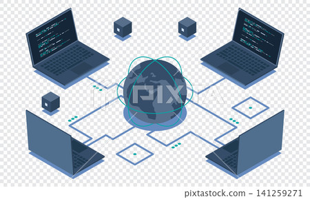 Isometric laptop connected with globe. Global communication internet network. Storage and communication technology. Isometric technology 141259271