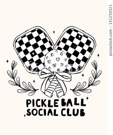 Outline Girly Pickleball Paddle and Ball Logo Hand Drawn, Retro Sport Social Club Party Lifestyle. 141259321