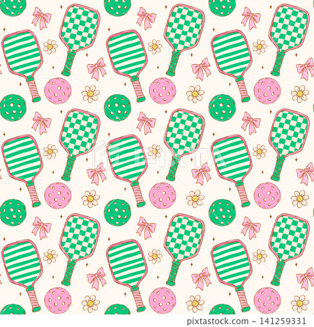 Retro Girly Pickleball with Ribbon Bow seamless pattern sketchy hand drawn repeat background Retro Girly Pickleball with Ribbon Bow seamless pattern sketchy hand drawn repeat background 141259331