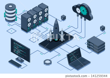 Isometric business startup. Business startup team launching rocket with computer and server. Startup your project. Launch concept. Isometric technology Isometric business startup. Business startup team launching rocket with computer and server. Startup your project. Launch concept. Isometric technology 141259344