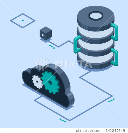 Isometric cloud database. Database with cloud server. Cloud storage. Data transmission technology. Isometric technology Isometric cloud database. Database with cloud server. Cloud storage. Data transmission technology. Isometric technology 141259349
