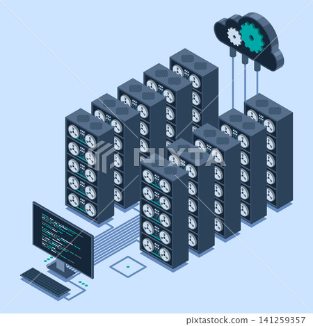 Isometric monitoring big data storage. Data transmission technology. Online hosting technology concept. Isometric technology Isometric monitoring big data storage. Data transmission technology. Online hosting technology concept. Isometric technology 141259357