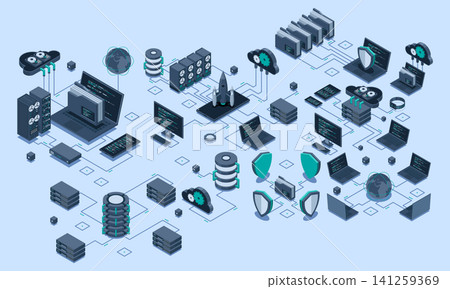 Isometric data network management. Cloud storage data and synchronization of devices. Networking, database, cloud storage. Isometric technology Isometric data network management. Cloud storage data and synchronization of devices. Networking, database, cloud storage. Isometric technology 141259369