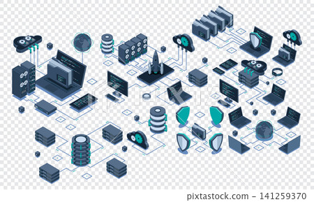 Isometric data network management. Cloud storage data and synchronization of devices. Networking, database, cloud storage. Isometric technology Isometric data network management. Cloud storage data and synchronization of devices. Networking, database, cloud storage. Isometric technology 141259370