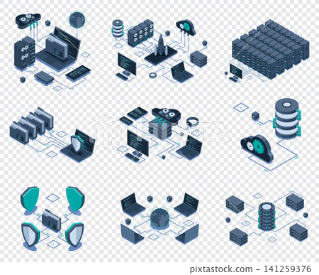 Set of isometric modern technology concept for cloud computing, datacenter, database, artificial intelligence, and blockchain technology. Isometric technology Set of isometric modern technology concept for cloud computing, datacenter, database, artificial intelligence, and blockchain technology. Isometric technology 141259376