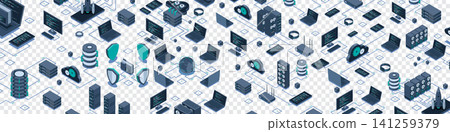 Isometric data network management. Cloud storage data and synchronization of devices. Networking, database, cloud storage. Isometric technology 141259379