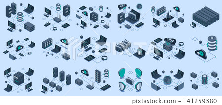Set of isometric modern technology concept for cloud computing, datacenter, database, artificial intelligence, and blockchain technology. Isometric technology 141259380