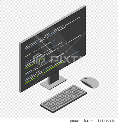 Isometric monitor with program code on screen. Computer programming with keyboard and mouse. Programming concept. Web development Isometric monitor with program code on screen. Computer programming with keyboard and mouse. Programming concept. Web development 141259410