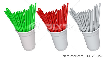 Multiple colorful plastic straws arranged in plastic cups isolated on white background, symbolizing party beverages 141259452