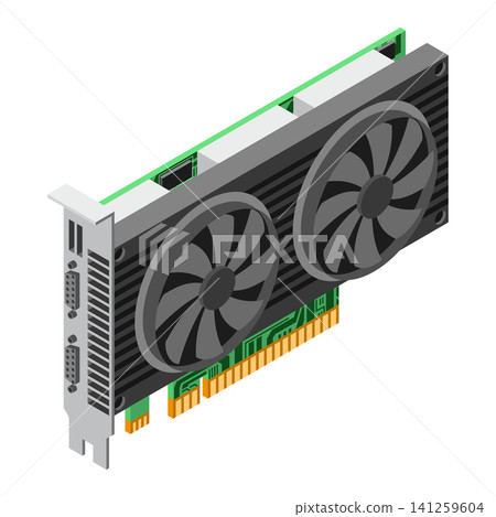 3D isometric video graphic card. Video graphics card for cryptocurrency mining or gaming. GPU graphic card illustration. Personal computer hardware components 3D isometric video graphic card. Video graphics card for cryptocurrency mining or gaming. GPU graphic card illustration. Personal computer hardware components 141259604