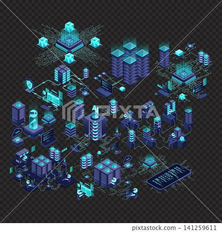 Isometric data network management. Cloud storage data and synchronization of devices. Networking, database, cloud storage. Isometric technology Isometric data network management. Cloud storage data and synchronization of devices. Networking, database, cloud storage. Isometric technology 141259611